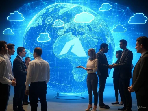 People engaging in discussions in front of a digital globe with cloud icons, representing global connectivity and technology.
