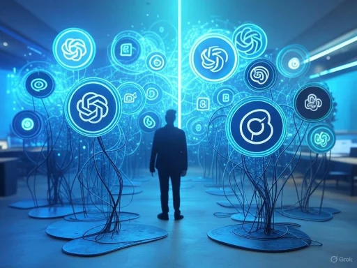 A person observes interconnected digital icons and data visualizations in a futuristic, tech-themed environment. A person observes interconnected digital icons and data visualizations in a futuristic, tech-themed environment.