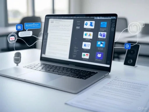 A laptop displays a design software interface with floating graphics and icons, on a white desk with papers and speakers. A laptop displays a design software interface with floating graphics and icons, on a white desk with papers and speakers.