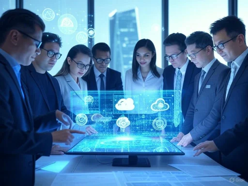 Business professionals analyze cloud computing data on a holographic digital screen in a modern office.