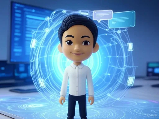 A cartoon-style character stands in a high-tech environment with digital holograms and data interfaces surrounding him.