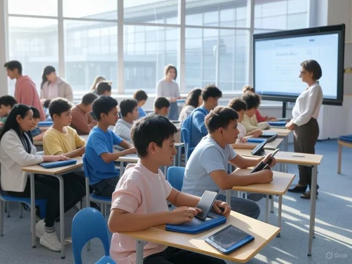 Students in a modern classroom using tablets, while a teacher instructs at the front near a large digital screen.