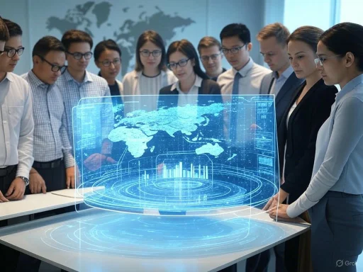A diverse group of professionals observes a holographic digital world map in a modern office setting.