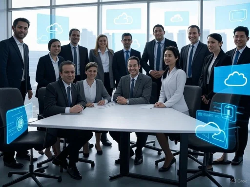 Business team in a modern conference room with cloud computing graphics on screens and windows. Business team in a modern conference room with cloud computing graphics on screens and windows.