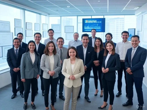 A diverse group of business professionals in formal attire pose confidently for a team photo in a modern office conference room.