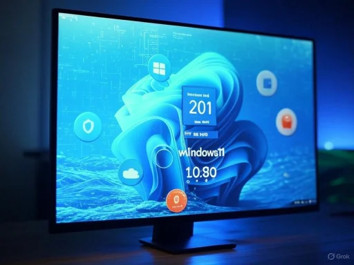 A computer monitor displays a Windows 11 desktop with various app icons and widgets, illuminated by blue light.