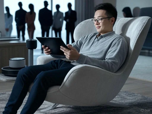 A man in glasses relaxes in a modern armchair, using a tablet in a professional setting with silhouettes of colleagues in the background.