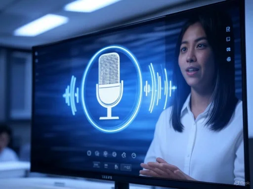 A woman presents in front of a digital screen displaying a microphone and sound waves, suggesting a speech or audio presentation.