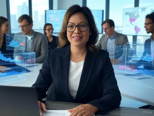 A confident businesswoman wearing glasses in a modern office with digital graphs and global maps in the background.