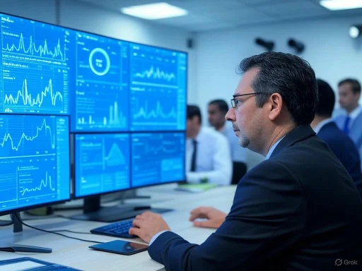 A businessman monitors multiple financial graphs on large screens in a busy office environment.