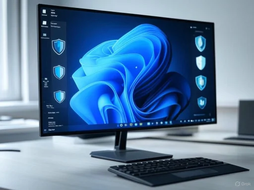 A computer monitor displays Windows security shields on a modern desk setup.