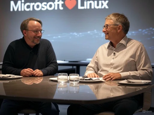 Two men sit at a table, smiling and enjoying each other's company, with a 'Microsoft ♥ Linux' sign in the background. Two men sit at a table, smiling and enjoying each other's company, with a 'Microsoft ♥ Linux' sign in the background.