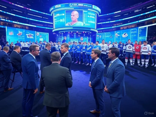A formal event with businesspeople in suits observing a hockey team in uniform, set against a high-tech digital backdrop. A formal event with businesspeople in suits observing a hockey team in uniform, set against a high-tech digital backdrop.