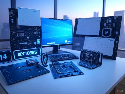 A futuristic workspace with circuit boards, digital screens, and electronic components on a desk.