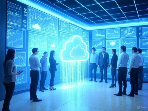 Business team in a modern office hall analyzing cloud computing and data analytics on digital screens.