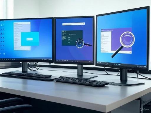 Three computer monitors display a desktop with open windows and search or login screens.