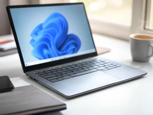 A laptop displaying a blue abstract graphic on a white desk near a window with a coffee mug nearby.