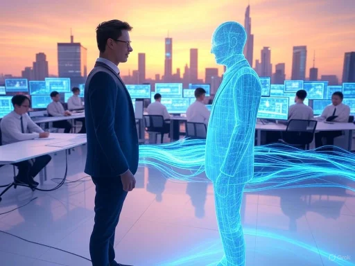 A businessman faces a holographic digital human figure in a futuristic office setting at sunset. A businessman faces a holographic digital human figure in a futuristic office setting at sunset.
