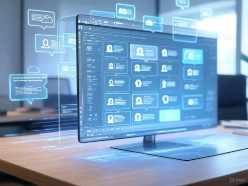 A futuristic computer screen displays a digital interface with social media profiles and floating data bubbles.