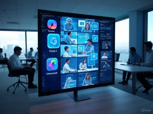 A large monitor displays a video conference with multiple participants in a modern office setting.