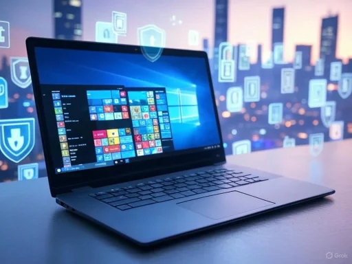A laptop displaying the Windows 10 interface is set against a digital background of cityscape and shield icons, suggesting cybersecurity themes.