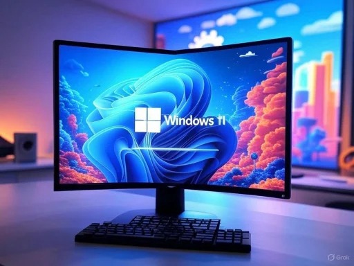 A curved monitor displays the Windows 11 logo in a colorful, modern workspace with ambient lighting.