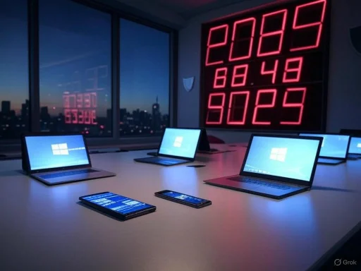 Office meeting room with laptops, large digital stock market display, and city skyline view at dusk.