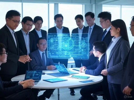 Business team analyzing futuristic digital and holographic interface in a modern office.
