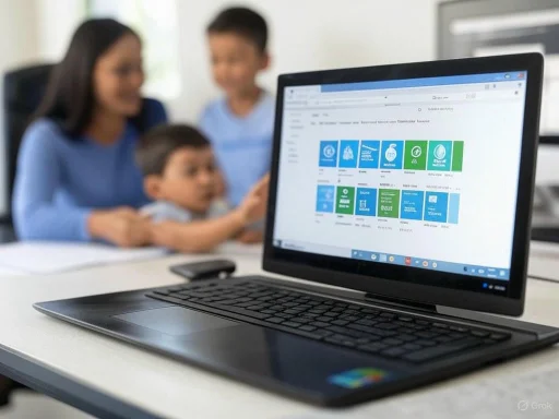 A laptop displaying a website with children and a woman blurred in the background.
