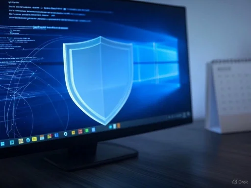 A computer monitor displays a digital shield icon, symbolizing cybersecurity or data protection. A computer monitor displays a digital shield icon, symbolizing cybersecurity or data protection.