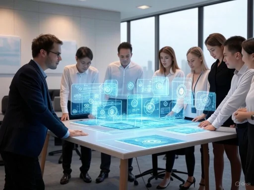 Team of professionals analyzing a futuristic holographic interface during a business meeting.