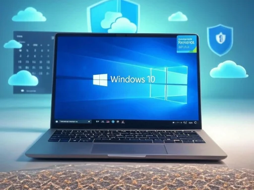 A laptop displaying Windows 10, surrounded by cloud security icons and a digital background.