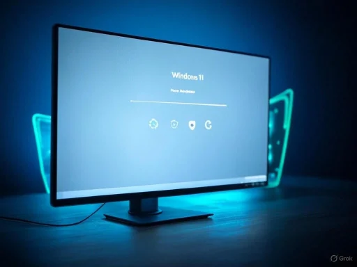 The image shows a computer monitor displaying the Windows 11 login screen with neon-lit decorative elements in the background.