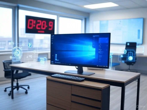 Modern office with a computer monitor, digital holograms, and a large clock on the window.