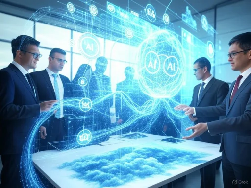 Business professionals engaging with a holographic AI and cloud technology display in a futuristic office.
