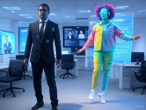 A man in a suit faces forward while a colorful, animated robot with purple hair hovers beside him in a high-tech office.