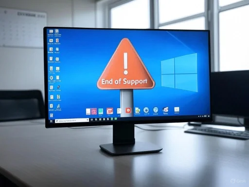 A computer monitor displays a warning sign with an exclamation mark and 'End of Support,' indicating a Windows operating system issue.