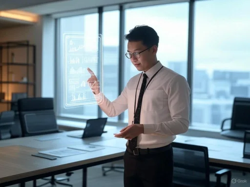 A professional man interacts with a holographic data display in a modern office setting.