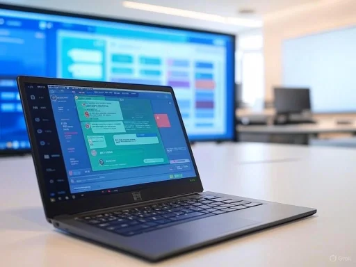 A laptop displaying a messaging app, with large screens in the background showing data charts in a modern office setting.