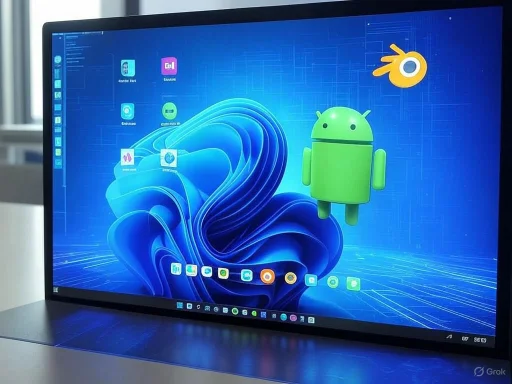 A computer screen displays a Windows desktop with Android, Blender, and other icons, featuring a large Android mascot.