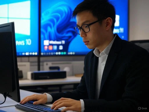 A man in a suit and glasses working on a computer in a modern office with large digital screens in the background. A man in a suit and glasses working on a computer in a modern office with large digital screens in the background.