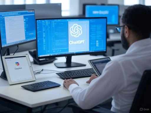An office worker at a desk with multiple monitors and tablets, working on software development or analysis.