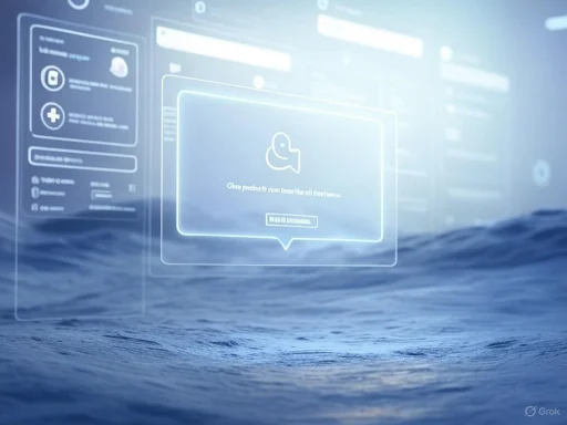A digital interface with social media or messaging notifications displayed above a flowing water surface.
