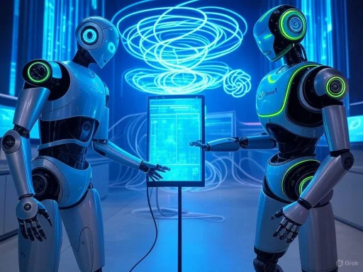 Two humanoid robots interact in a futuristic, technology-filled environment with glowing blue lights and digital displays.