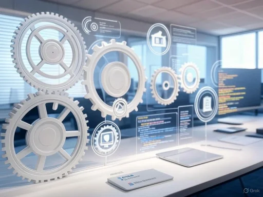Futuristic digital interface with gears and data icons overlayed on a conference room background.