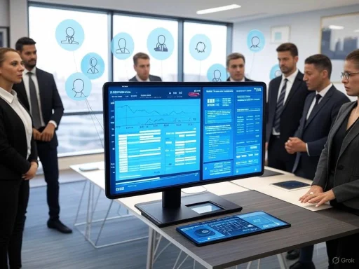 Team of professionals in a modern office reviewing data displayed on large screens and a tablet.