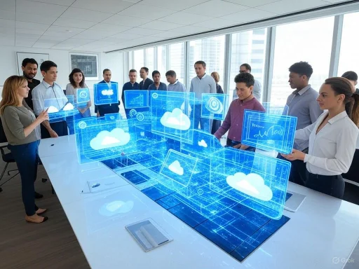 A diverse group of professionals interact with holographic cloud computing visuals in a modern conference room.