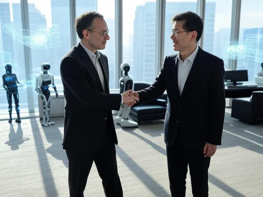 Two businessmen shake hands in a high-tech office with robots and digital displays in the background. Two businessmen shake hands in a high-tech office with robots and digital displays in the background.