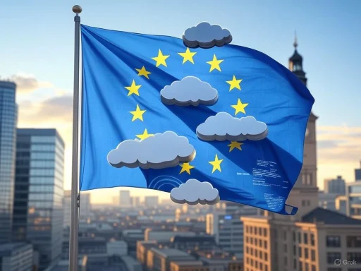 European Union flag with clouds, flying over a city skyline at sunset. European Union flag with clouds, flying over a city skyline at sunset.