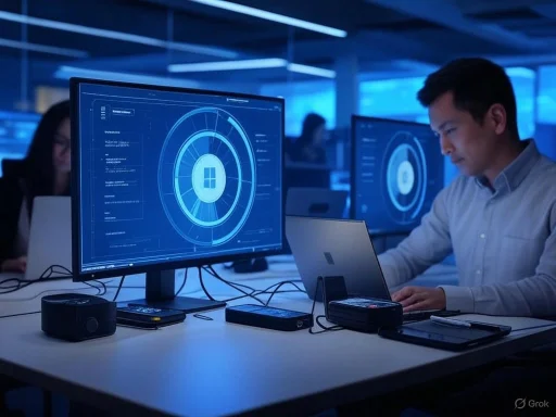 Individuals working on computers with advanced cybersecurity or software development interfaces in a modern office.